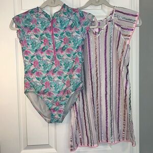 Girls size Large 10/12 swim bundle:swimsuit cover up and zip on piece